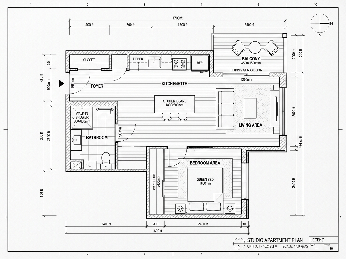 Plano Arquitectónico Tipo Studio 48 m²